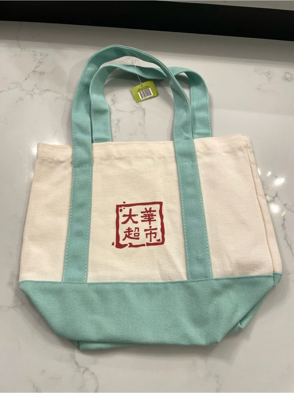 Canvas Tote Bag in Cream and Light Teal